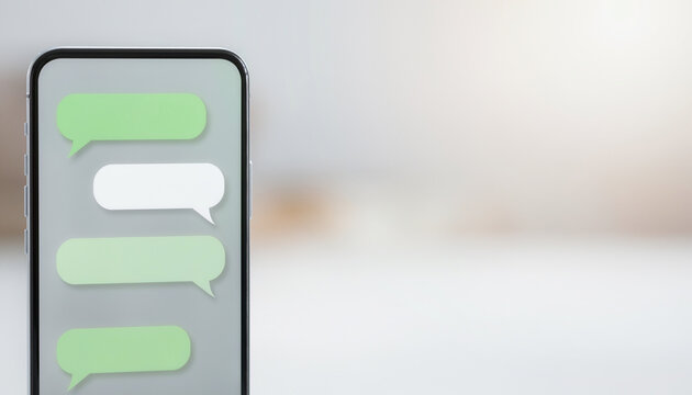 Smartphone mockup displaying green chat message bubbles スマートフォンに表示された緑のチャットメッセージ吹き出し