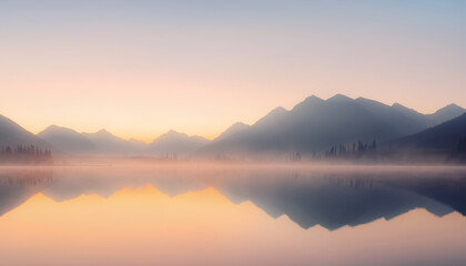Fototapeta premium Mountain range reflected in a still lake at golden sunset 夕暮れの静かな湖に映る山並みの反射