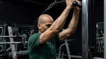 Naklejka premium Bald man with defined muscles intensely performing a triceps pushdown exercise with a rope attachment in a dimly lit gym.