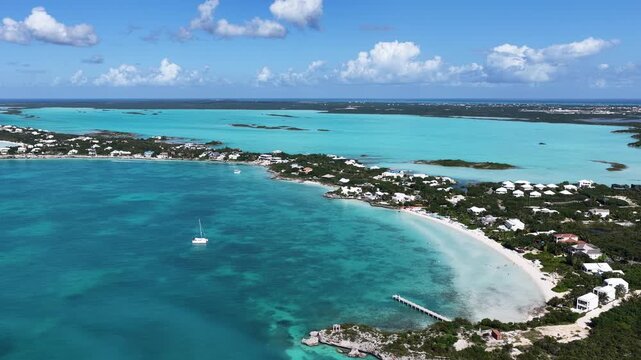 Sapodilla Bay Beach In Providenciales Turks And Caicos United Kingdom. Bird Eye View Of A Amazing Coastal Beach In The Summer Holiday. Tropical Skyline. Summer Backgrounds.