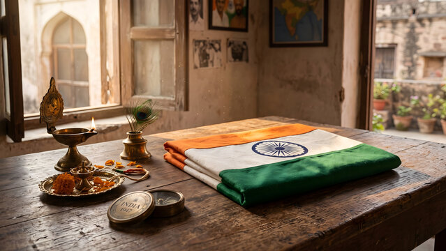 Neatly folded Indian flag resting on wooden table alongside traditional brass oil lamp