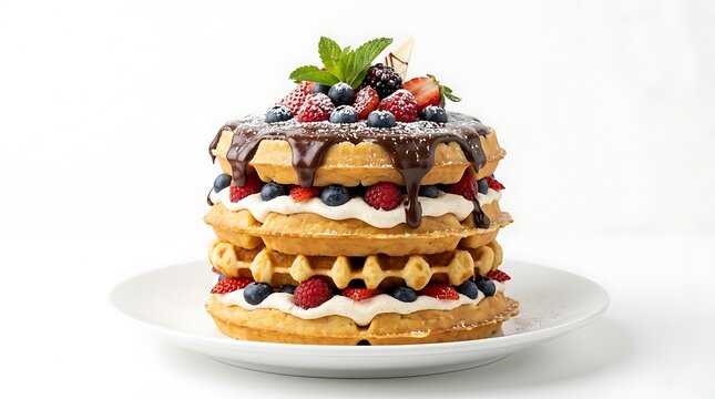 Stack of Belgian waffles with chocolate sauce, whipped cream and fresh mixed berries