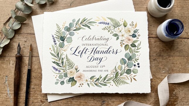 Botanical Watercolor Left-Handers Day Greeting Card on Rustic Wooden Table