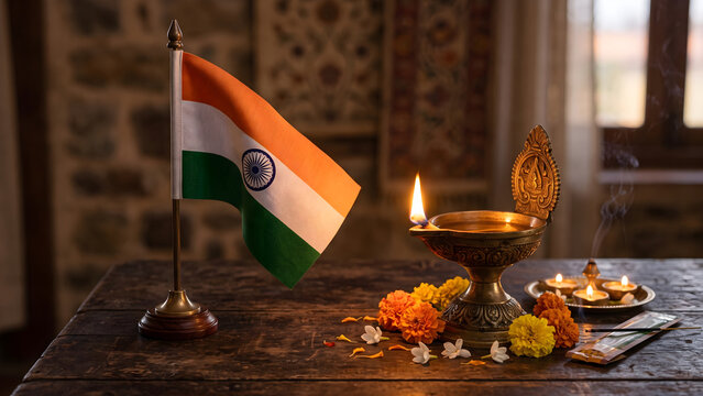 Small Indian tricolor table flag beside traditional brass diya oil lamp and flower arrangement