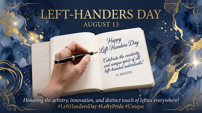 Elegant Left Handers Day Banner with Hand Writing in Notebook