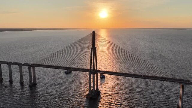 Cable Bridge In Manaus Amazonas Brazil. Birds Eye View Of Suspension Bridge With Cars Driving Across. Sunset Tropical Eco Tourism. Rainforest River. Manaus Amazonas.