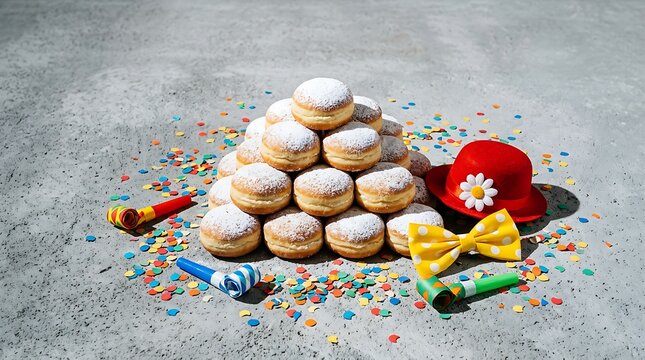 Pyramid of German Berliner Donuts with Powdered Sugar, Carnival Party Accessories, Red Clown Hat and Confetti on Gray Concrete Background, Festive Celebration Food Photography
