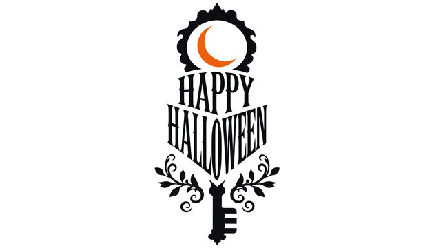 Stylish happy halloween text logo with moon and ornamental key design halloween typography celebration seasonal invitation isolated creative illustration ornament greeting branding
