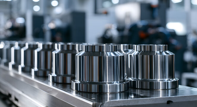 Polished steel cylinder parts lined up in an industrial factory, manufacturing concept