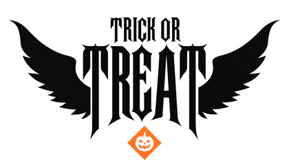 Spooky trick or treat lettering featuring black bird wings and jack o lantern icon halloween typography jackolantern celebration seasonal invitation illustration isolated background © MUSTAFIJUR