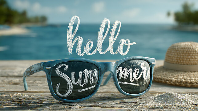 Sunglasses reflecting hello summer text on a wooden surface by the sea