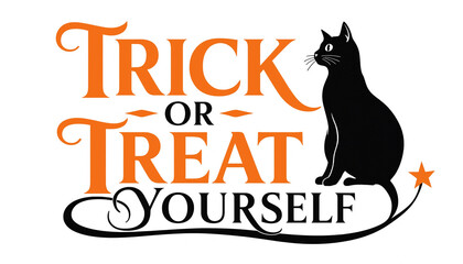 Trick or treat yourself halloween festive typography design with black cat silhouette icon halloween typography illustration celebration greeting creative whimsical decoration seasonal © MUSTAFIJUR