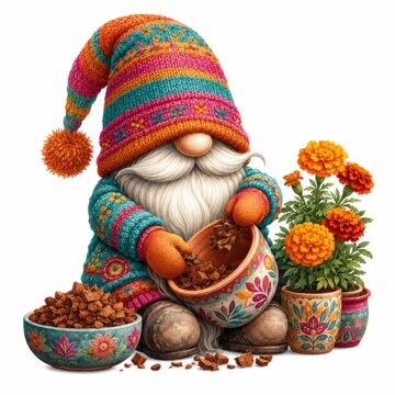 A whimsical gnome in colorful knitwear plants marigold flowers in decorative pots, surrounded by soil and vibrant orange blossoms.