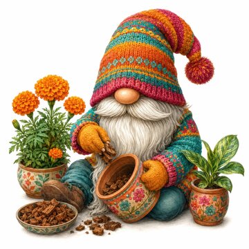A colorful gnome in a striped hat plants seeds in a floral pot, surrounded by marigolds and leafy plants in decorative pots.