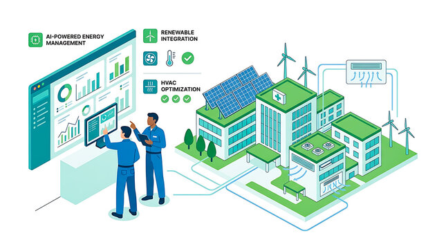 Smart building management with renewable energy integration and HVAC optimization illustration