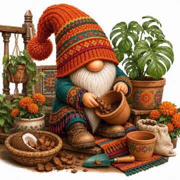 A gnome wearing a colorful knit hat and outfit is potting plants surrounded by flowers, gardening tools, and rustic decor.