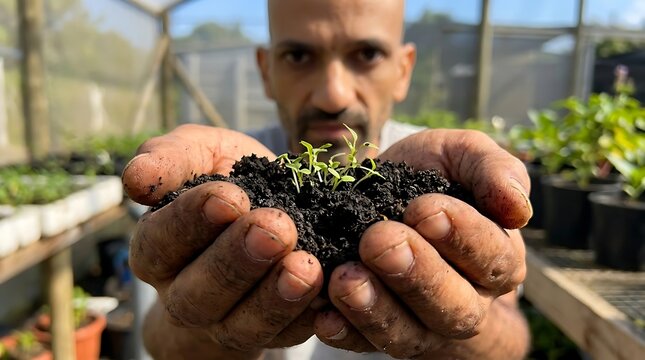 A man holds a handful of rich soil containing small green seedlings in a greenhouse, showcasing the beginning of plant growth.