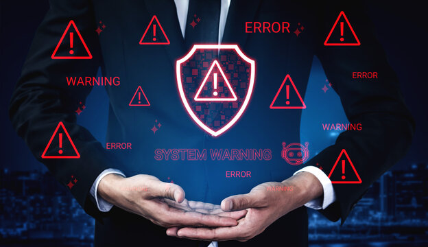 A businessman displays a glowing shield surrounded by system warning alerts, symbolizing the importance of cybersecurity and proactive risk management in modern digital environments. Cyphers