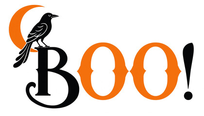 Halloween boo text design featuring black crow silhouette perched on letter b and orange crescent moon icon isolated on white background halloween crescent typography celebration seasonal © MUSTAFIJUR