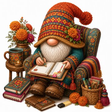 A cozy gnome in a colorful knitted hat and sweater writes in a planner, surrounded by floral decor, books, and candles, evoking warmth and creativity.