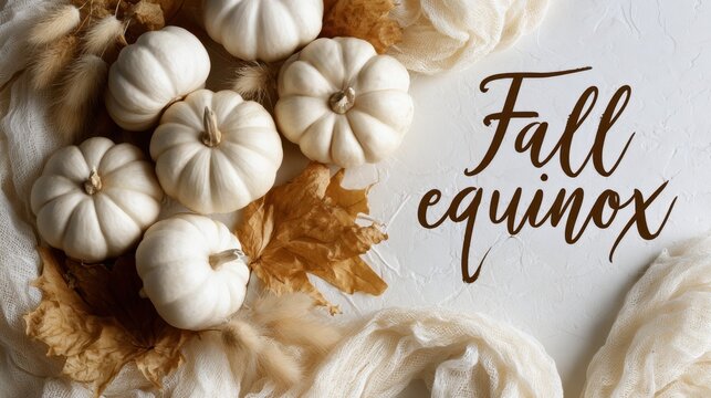 Elegant fall equinox flat lay with white pumpkins, dried autumn leaves and seasonal typography
