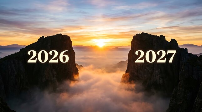 Majestic mountains at golden hour with futuristic year overlay for visionary branding