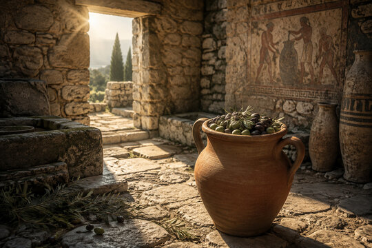 Ancient Greek granary ruin with terracotta amphora filled with olives in morning light.