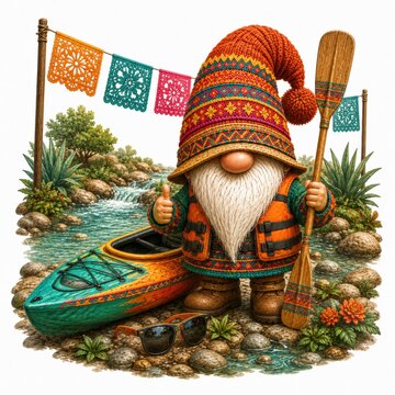 A colorful gnome in a patterned hat and life jacket stands by a river with a kayak, giving a thumbs up beside festive hanging flags and lush greenery.
