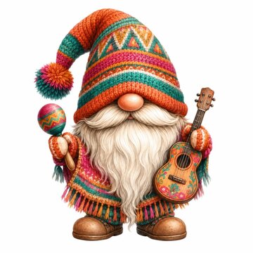 A whimsical gnome with a long white beard, dressed in colorful knitwear, holding a maraca and a decorated guitar.