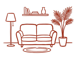 Fototapeta premium Modern cozy living room interior line art illustration featuring a comfortable sofa, indoor plants, and home decor for a relaxed atmosphere