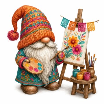 A whimsical gnome artist paints colorful flowers on a canvas, dressed in a vibrant knit hat and cozy clothes, surrounded by art supplies and festive paper banners.