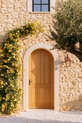 Fototapeta premium French Provencal farmhouse facade detail featuring a wooden door framed by yellow flowers and a stone wall, with a lantern hanging beside the entrance