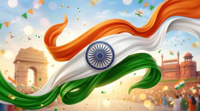 Indian flag with saffron white and green ribbons and national monuments illustration