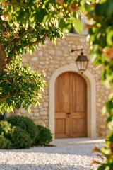 Fototapeta premium Wooden door framed by lush green foliage and a stone wall, with a lantern hanging above, creating a serene entrance to a rustic home