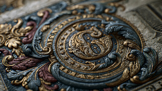 Ornate floral ornament with central monogram detailed metallic texture