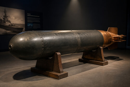 Decommissioned naval torpedo on wooden display cradles in museum, naval history concept