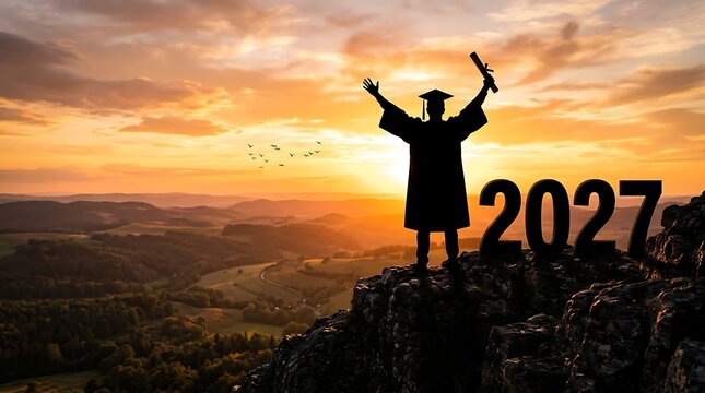 Graduate celebrating future success on mountain peak at sunset in 2027