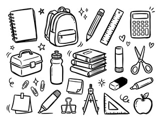 Hand drawn doodle school supplies set including backpack, books, calculator, and stationery items © Crushin
