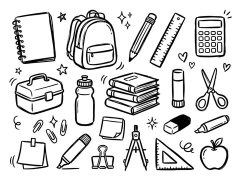 Hand drawn doodle school supplies set including backpack, books, calculator, and stationery items