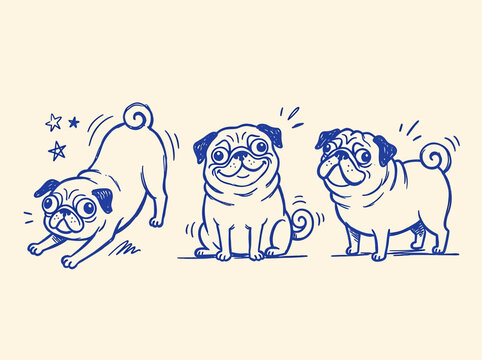 Hand-drawn collection of cute pug dogs in various poses featuring playful, sitting, and standing positions in blue ink sketch style