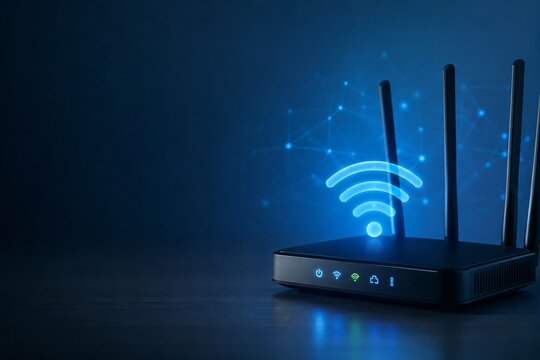 Wireless wifi router with glowing signal icon, modern network modem for home office, high speed internet connection hardware