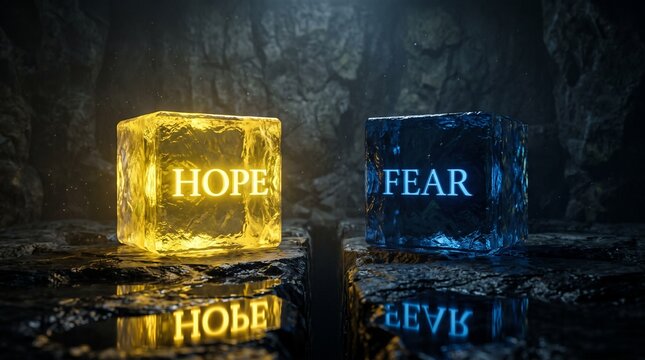 Cubes representing hope and fear sit side by side in a dark cave, highlighting contrasting emotional choices and duality.