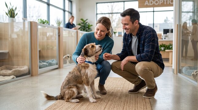 Smiling couple crouching to pet scruffy terrier rescue dog in modern animal shelter adoption center