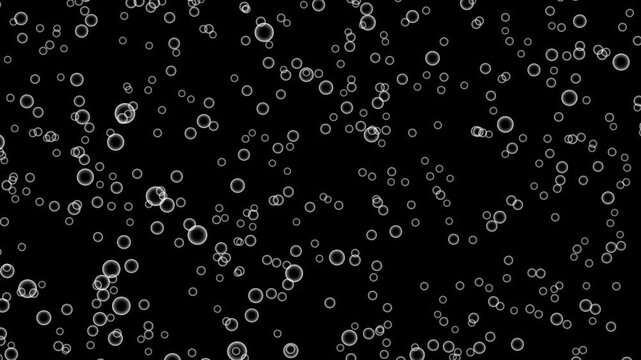 Rising bubbles motion background. Clear spheres float upward against a dark black backdrop. Realistic liquid animation for video overlays, underwater scenes, or carbonated drink concepts animation