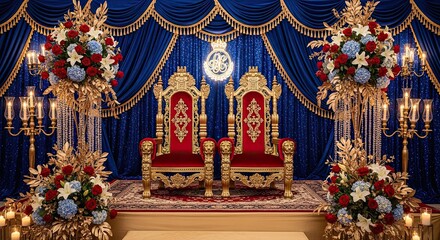 Fototapeta premium Royal Throne Room with Red Velvet Chairs and Blue Drapery