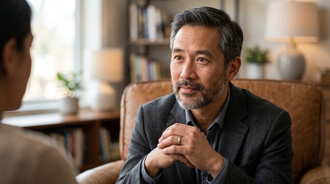 Asian male therapist sitting in armchair listening attentively to patient during therapy session