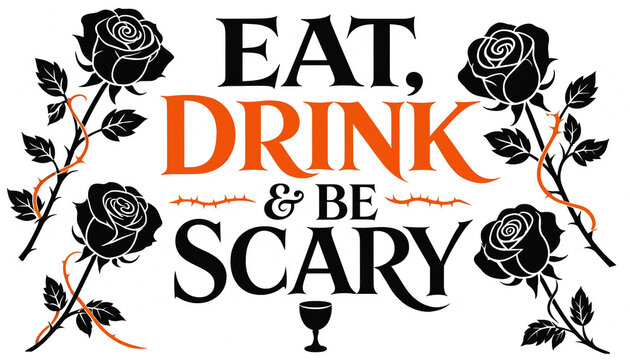 Eat drink and be scary halloween quote design featuring black roses and a wine glass icon halloween typography celebration seasonal illustration invitation celebrate isolated creative