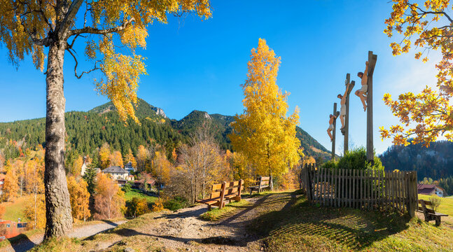 pilgrimage place Birkenstein,  calvary scene, autumnal landscape and destination upper bavaria