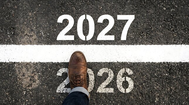 Person stepping from 2026 into 2027 on road marking new year transition milestone