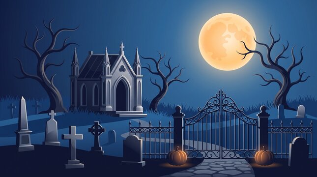 Spooky cemetery with old iron gate and gothic church under large full moon for halloween theme.